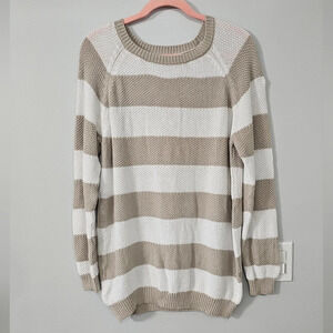 Mango White and Tan Crew Neck Sweater